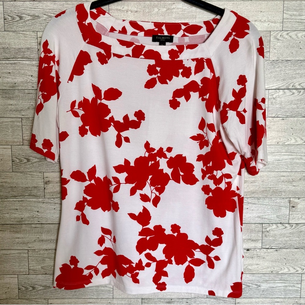 Talbots Womens Red White Floral‎ Top Short Sleeve Rayon Tunic Blouse Sz-Small/P - Picture 4 of 14